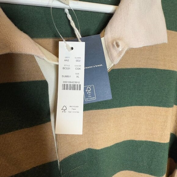 J.Crew XL Merino Wool Rugby Sweater Green Tan Striped Long Sleeve Polo NWT - Picture 5 of 6